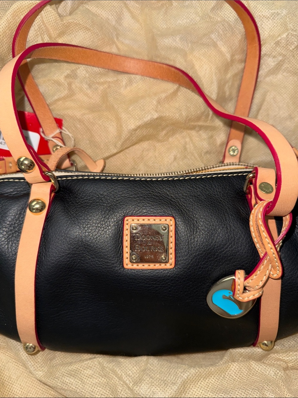 Dooney & Bourke Black Leather Shoulder Bag with Tan Straps and Coral Edge - Picture 6 of 7